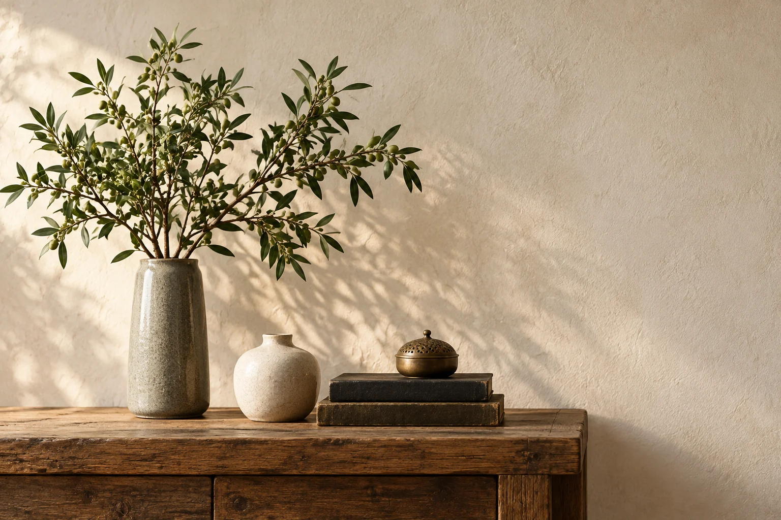 Timber, a leafy plant, ceramics and brass in a calm living space