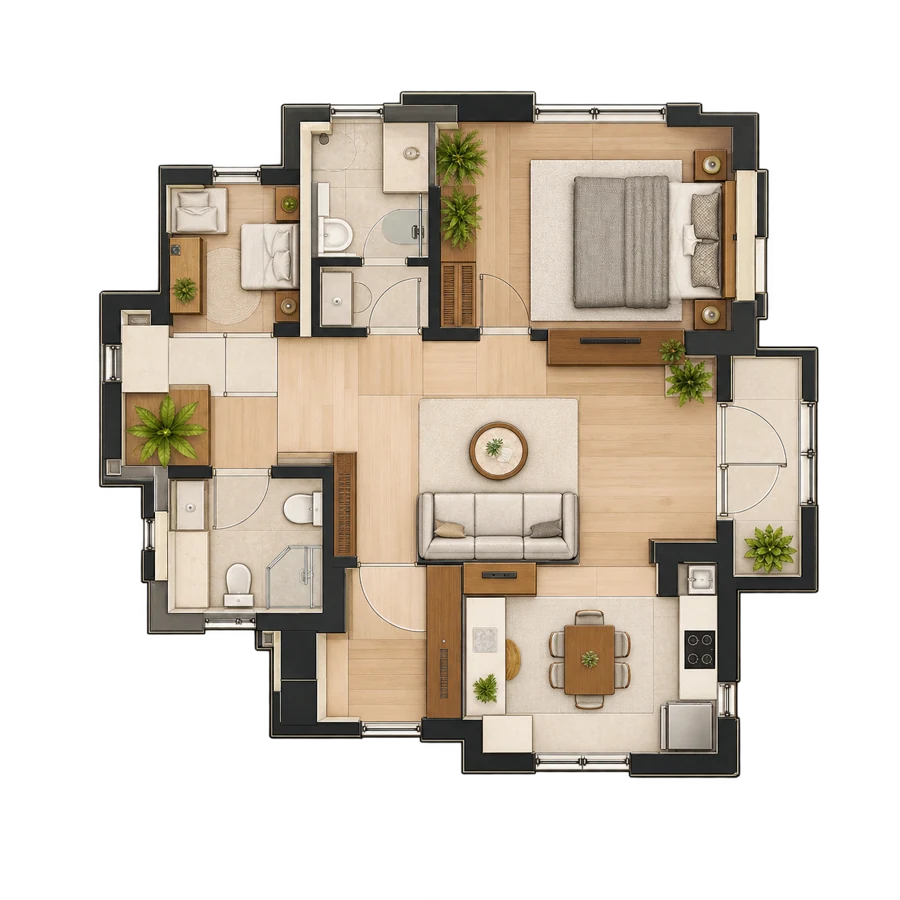Illustrative furnished home viewed from above