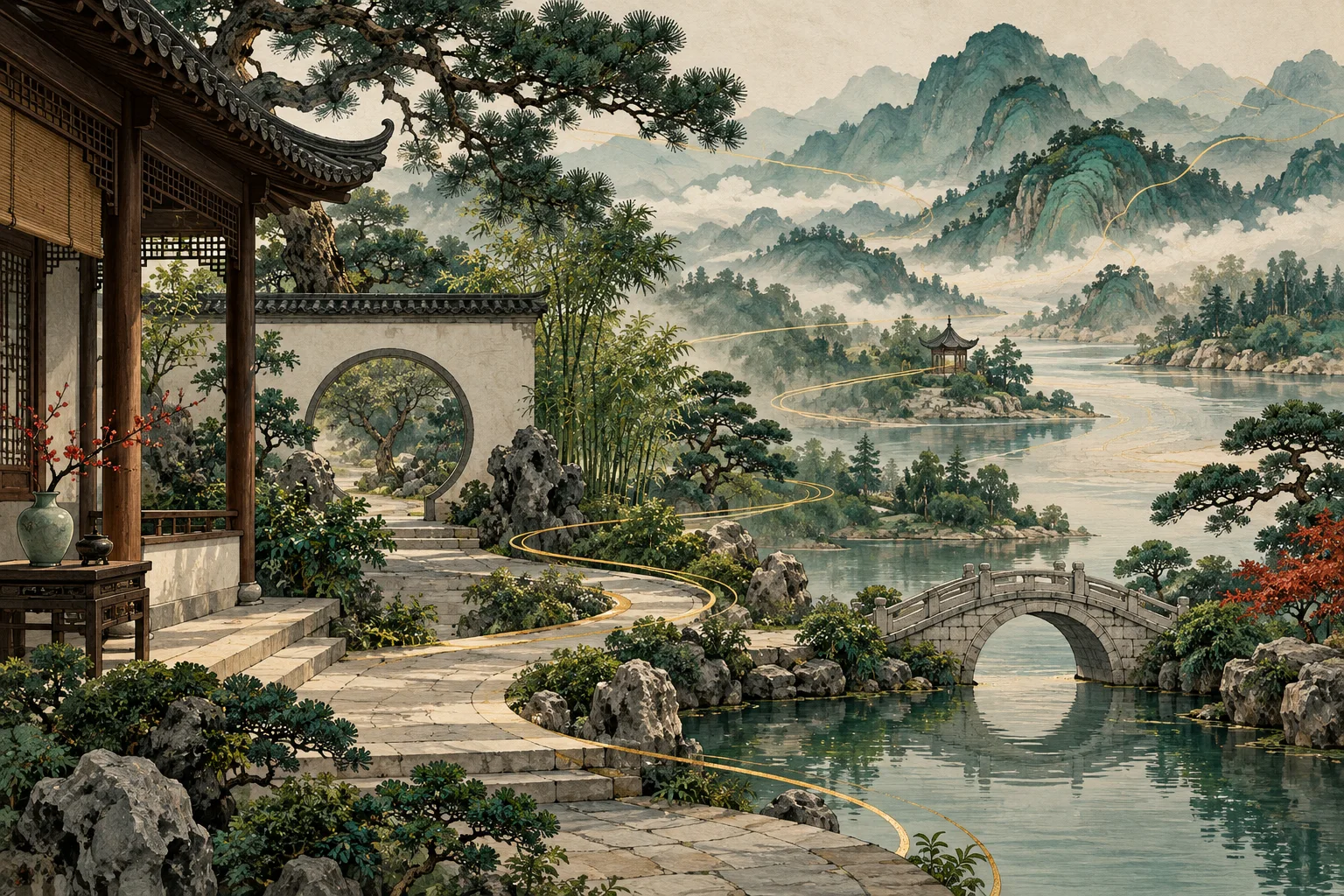 Ink courtyard and winding garden path